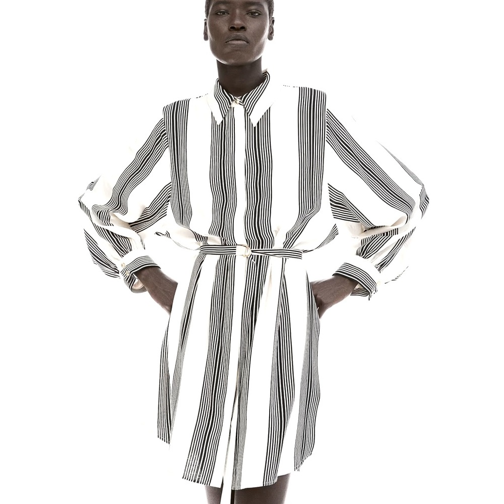 NWOT H&M  Belted Shirt Dress Cream/ Striped Ladies Size M